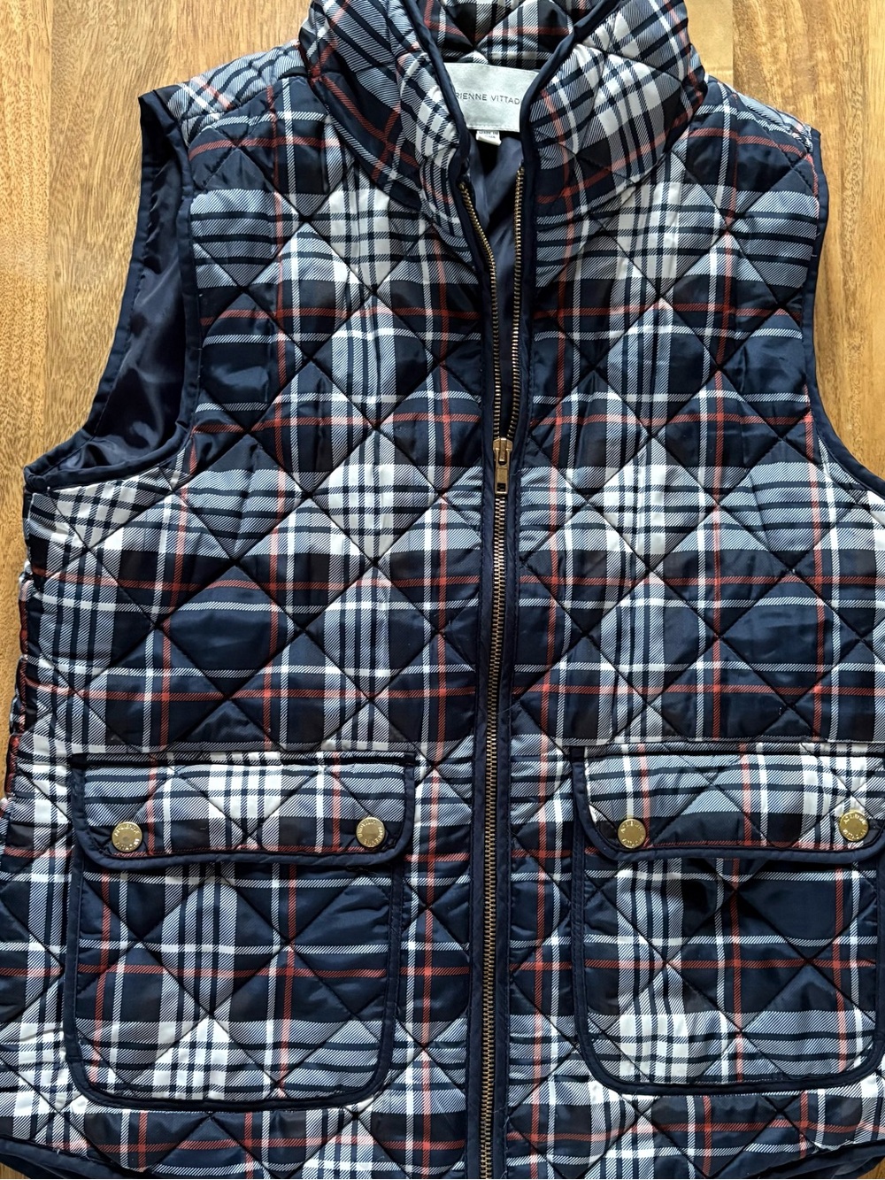Adrienne Vittadini Quilted Plaid Puffer Vest in Navy, White & Red